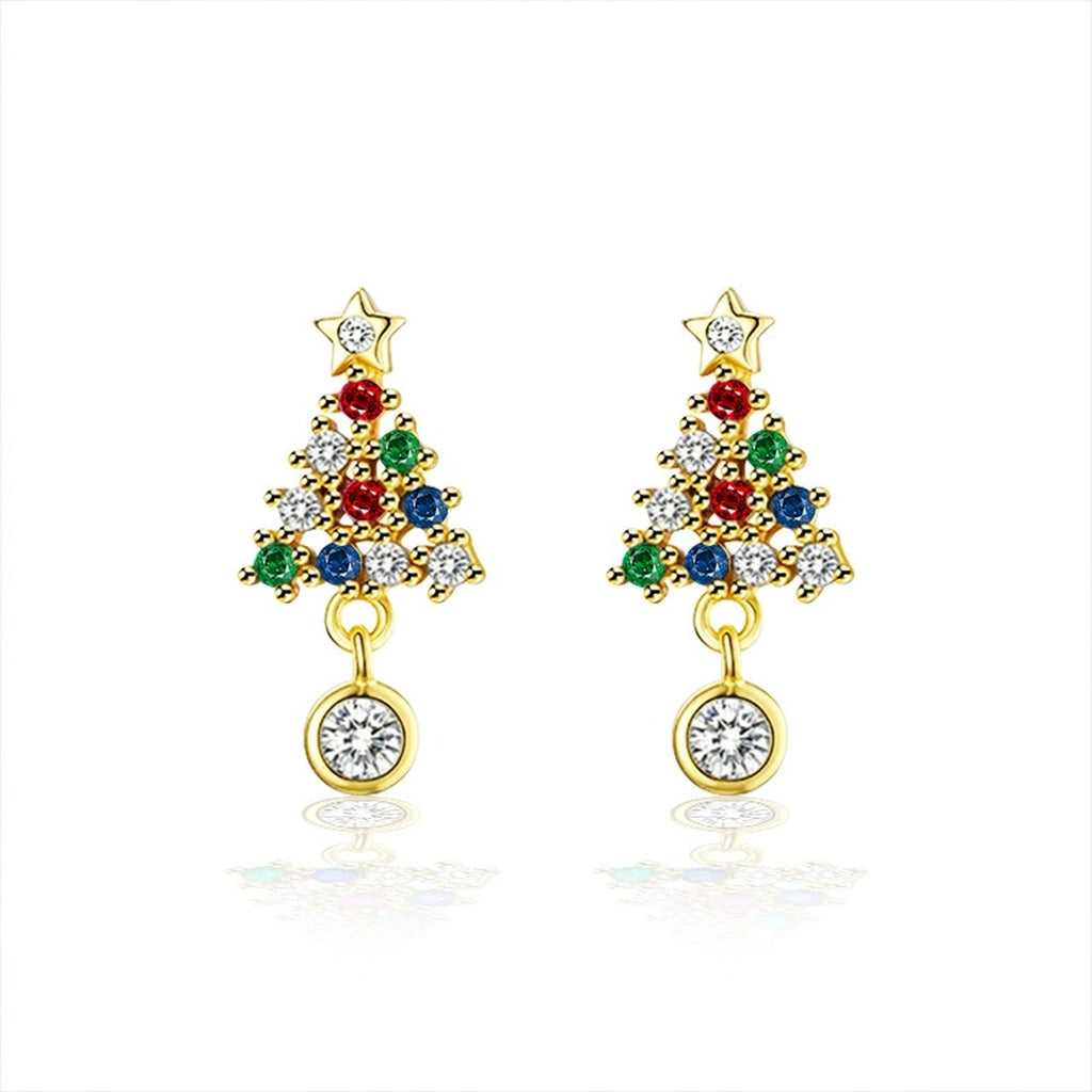 Christmas Tree Round Moissanite Stud Dangle Earrings with CZ in Gold-Plated S925 sterling silver white background product photo showing the pair, stone shape, and stud dangle earrings silhouette