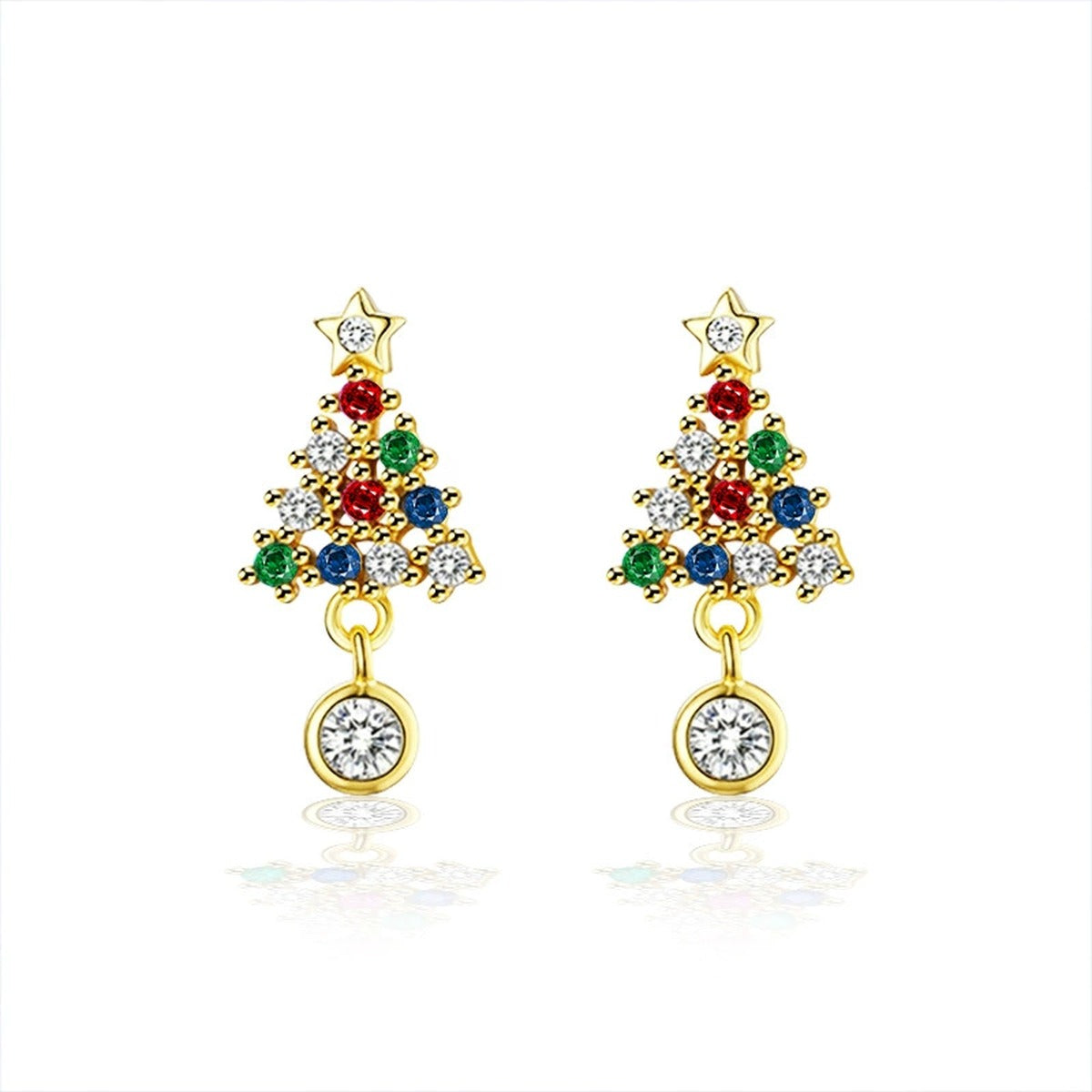 Christmas Tree Round Moissanite Stud Dangle Earrings with CZ in Gold-Plated S925 sterling silver white background product photo showing the pair, stone shape, and stud dangle earrings silhouette
