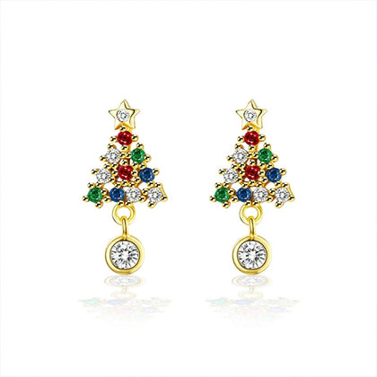 Christmas Tree Round Moissanite Stud Dangle Earrings with CZ in Gold-Plated S925 sterling silver white background product photo showing the pair, stone shape, and stud dangle earrings silhouette