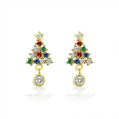 Christmas Tree Round Moissanite Stud Dangle Earrings with CZ in Gold-Plated S925 sterling silver white background product photo showing the pair, stone shape, and stud dangle earrings silhouette
