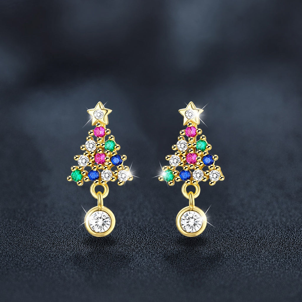Christmas Tree Round Moissanite Stud Dangle Earrings with CZ in Gold-Plated S925 sterling silver product scene view showing front sparkle