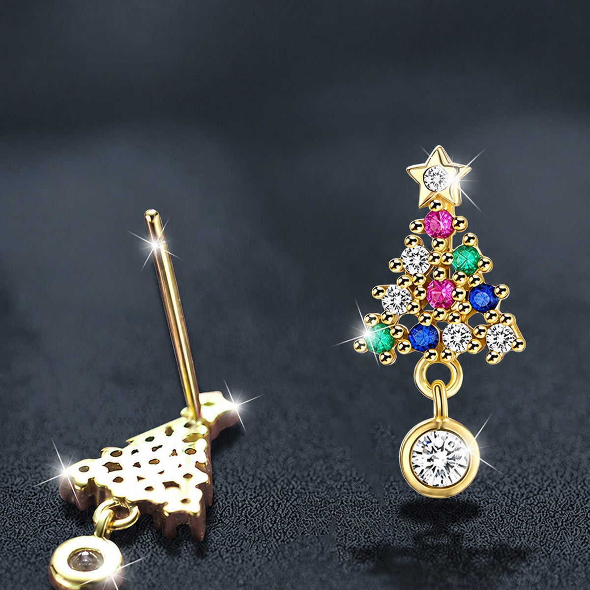Christmas Tree Round Moissanite Stud Dangle Earrings with CZ in Gold-Plated S925 sterling silver product scene view showing angled setting detail