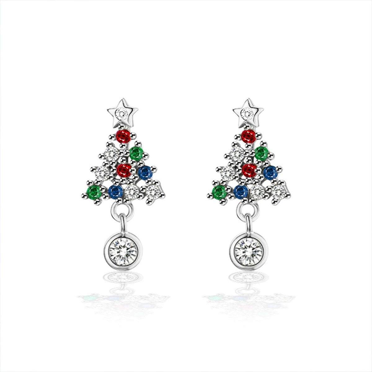 Christmas Tree Round Moissanite Stud Dangle Earrings with CZ in Gold-Plated S925 sterling silver product scene view showing side profile