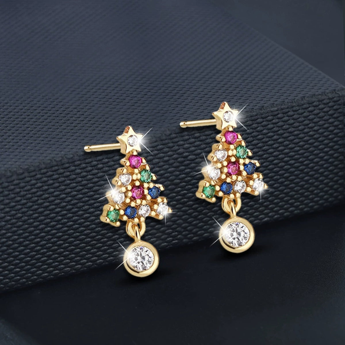 Christmas Tree Round Moissanite Stud Dangle Earrings with CZ in Gold-Plated S925 sterling silver product scene view showing pair comparison