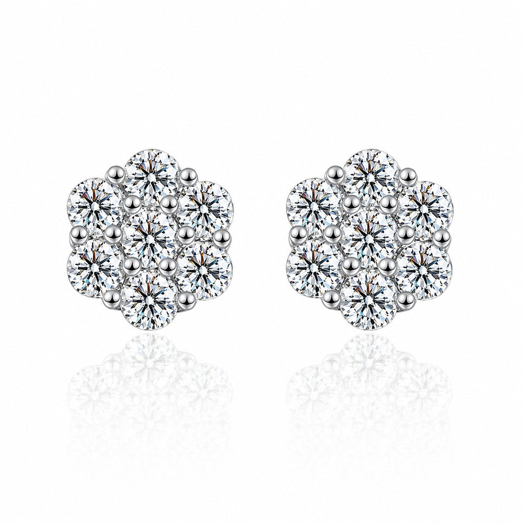 Floral Cluster Round Moissanite Stud Earrings in White Gold-Plated S925 sterling silver white background product photo showing the pair, stone shape, and stud earrings silhouette