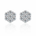 Floral Cluster Round Moissanite Stud Earrings in White Gold-Plated S925 sterling silver white background product photo showing the pair, stone shape, and stud earrings silhouette