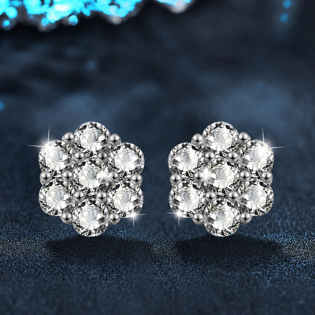 Floral Cluster Round Moissanite Stud Earrings in White Gold-Plated S925 sterling silver product scene view showing front sparkle