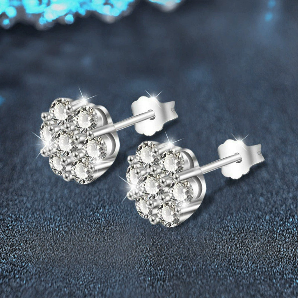 Floral Cluster Round Moissanite Stud Earrings in White Gold-Plated S925 sterling silver product scene view showing angled setting detail