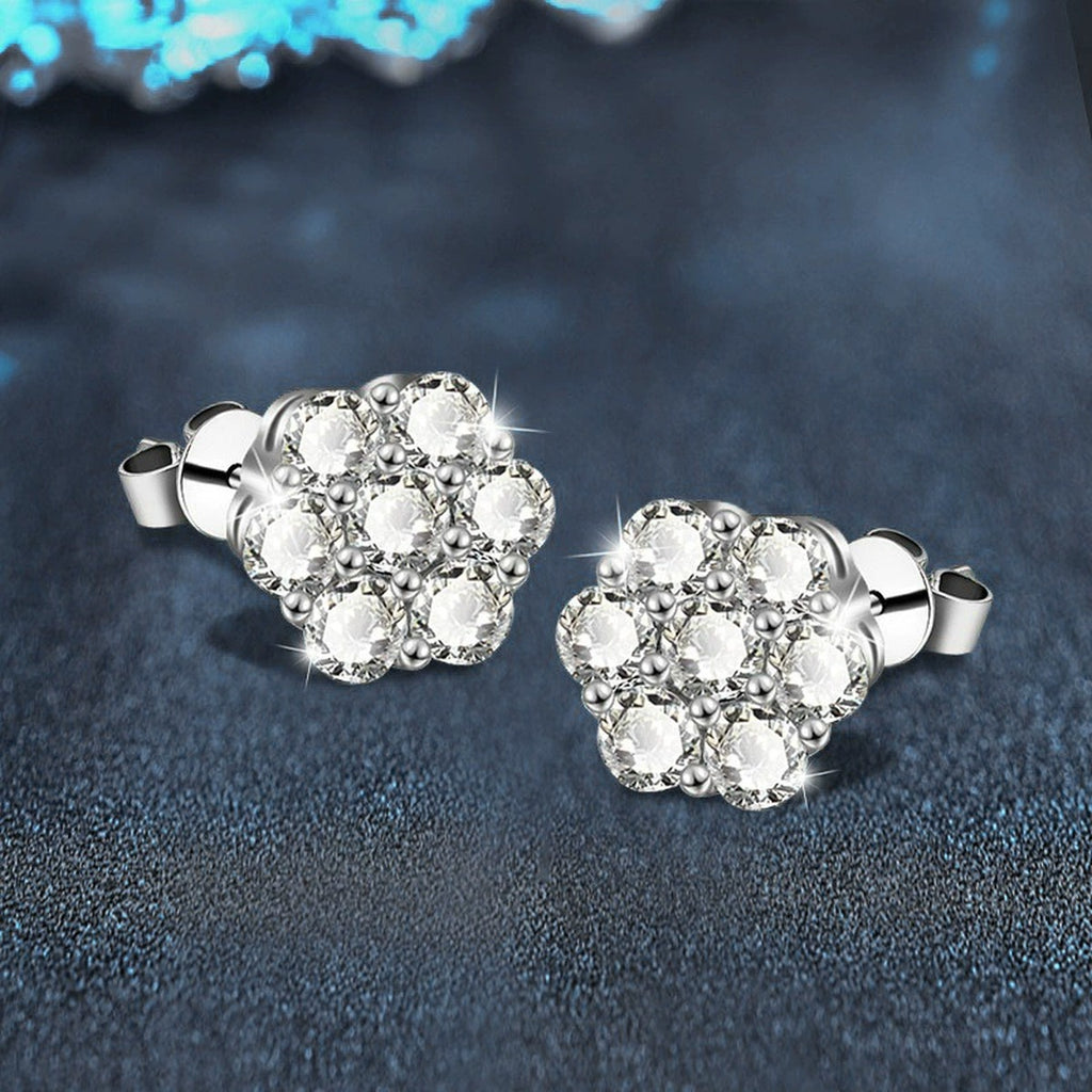 Floral Cluster Round Moissanite Stud Earrings in White Gold-Plated S925 sterling silver product scene view showing side profile
