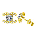 Geometric Round Moissanite Stud Earrings with CZ in Gold-Plated S925 sterling silver white background product photo showing the pair, stone shape, and stud earrings silhouette