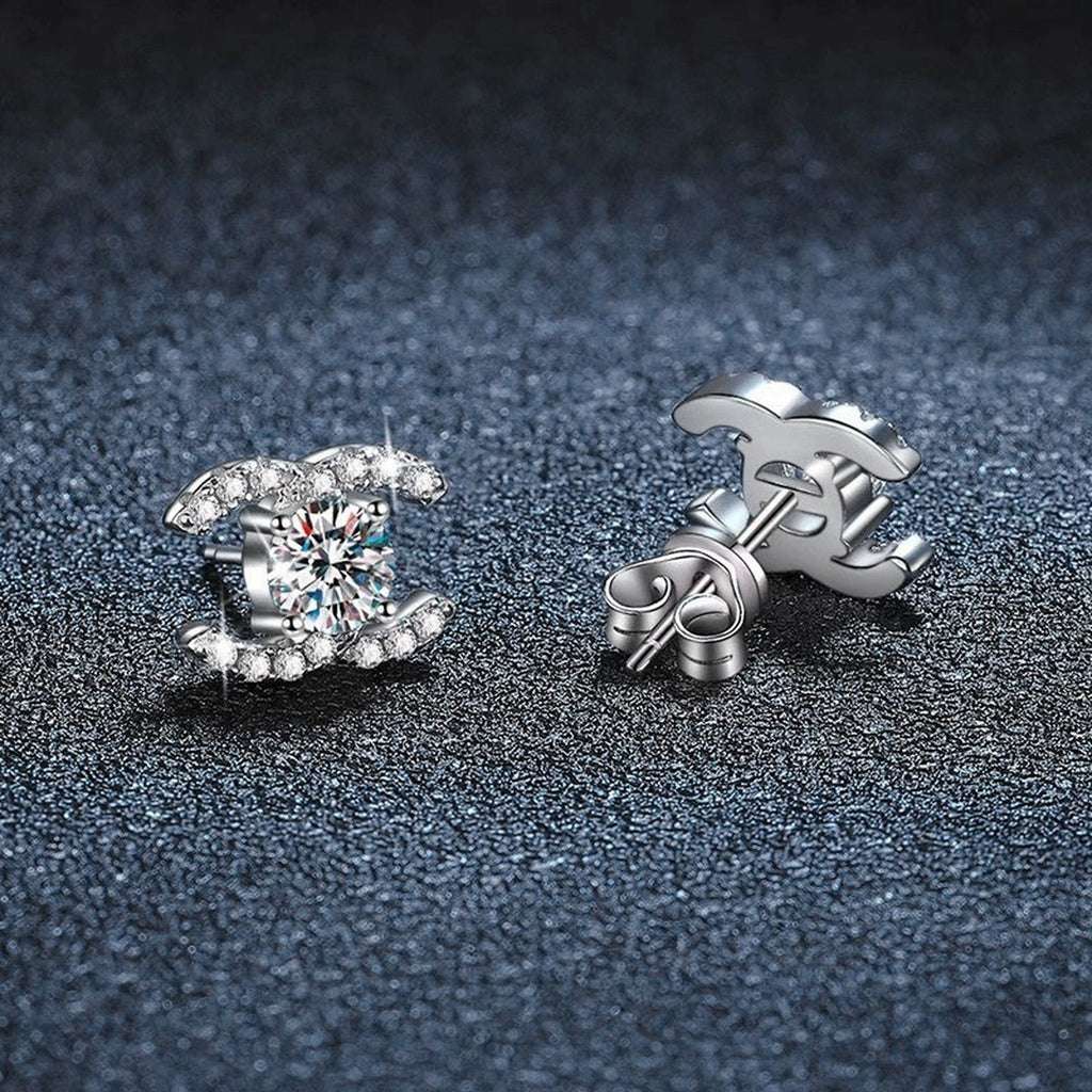 Geometric Round Moissanite Stud Earrings with CZ in Gold-Plated S925 sterling silver product scene view showing angled setting detail