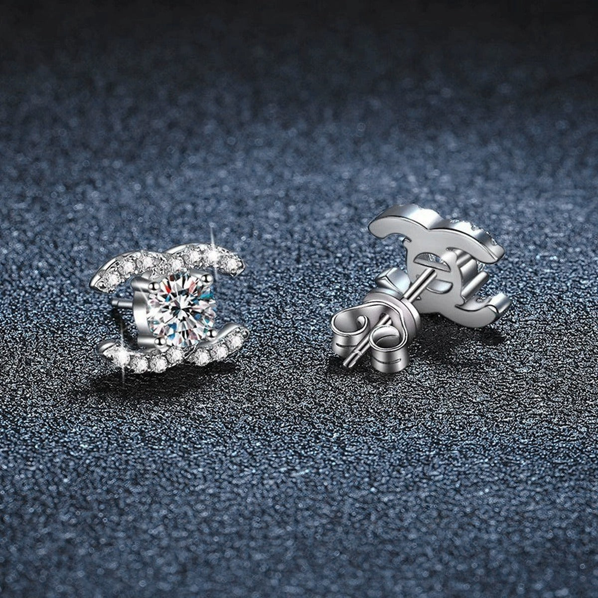 Geometric Round Moissanite Stud Earrings with CZ in Gold-Plated S925 sterling silver product scene view showing angled setting detail