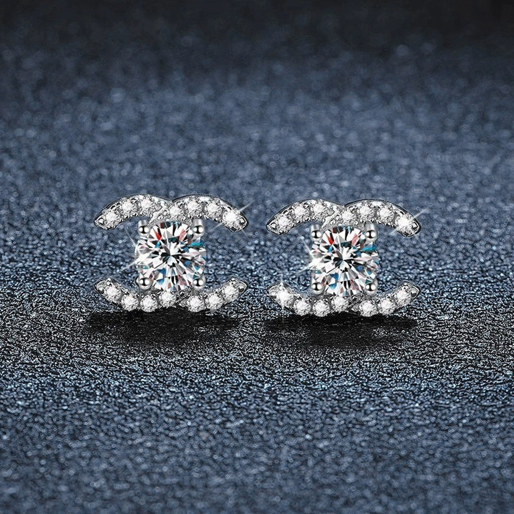Geometric Round Moissanite Stud Earrings with CZ in Gold-Plated S925 sterling silver product scene view showing side profile