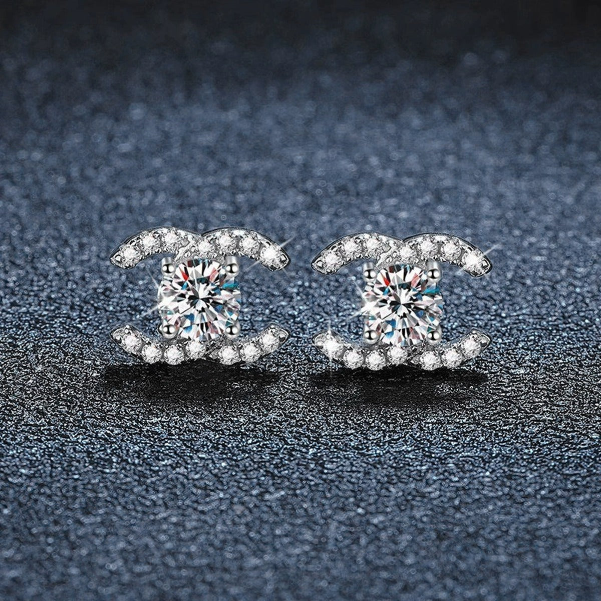 Geometric Round Moissanite Stud Earrings with CZ in Gold-Plated S925 sterling silver product scene view showing side profile