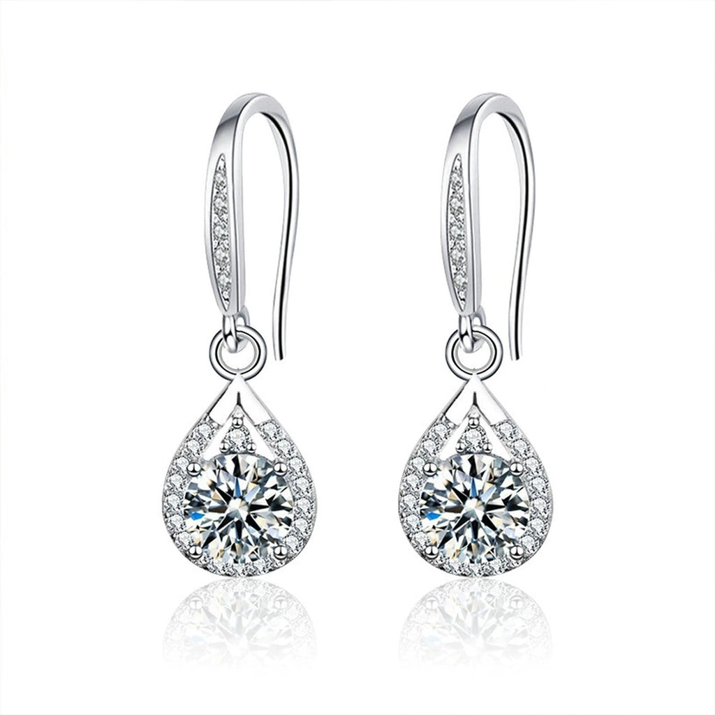 Pear Halo Round Moissanite Hook Dangle Earrings with CZ in White Gold-Plated S925 sterling silver white background product photo showing the pair, stone shape, and hook dangle earrings silhouette