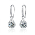 Pear Halo Round Moissanite Hook Dangle Earrings with CZ in White Gold-Plated S925 sterling silver white background product photo showing the pair, stone shape, and hook dangle earrings silhouette