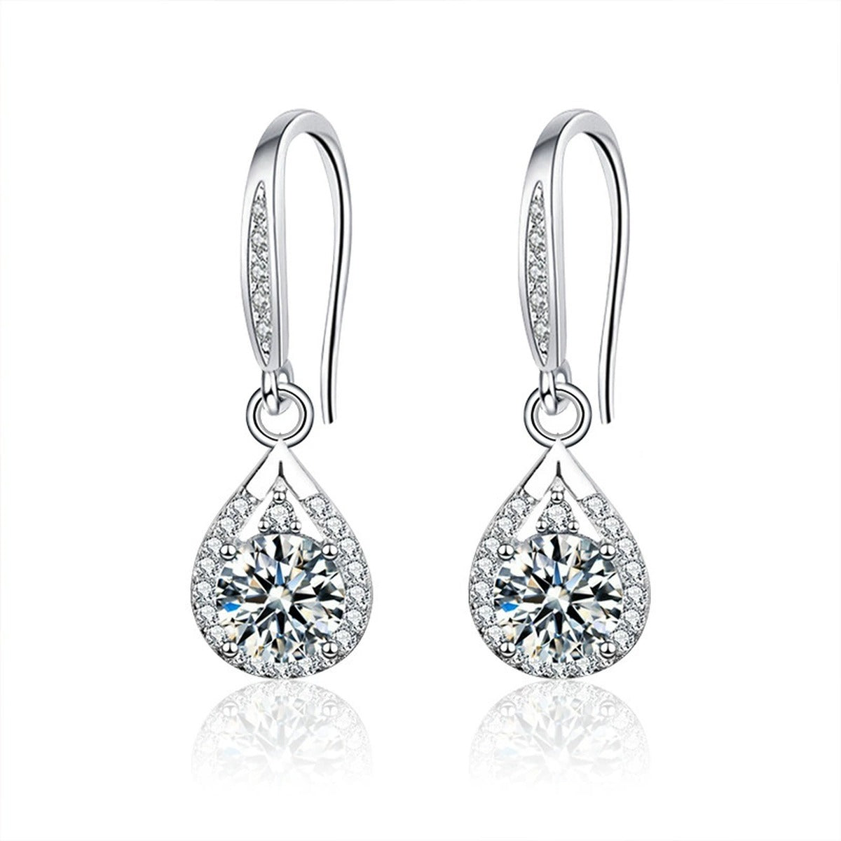 Pear Halo Round Moissanite Hook Dangle Earrings with CZ in White Gold-Plated S925 sterling silver white background product photo showing the pair, stone shape, and hook dangle earrings silhouette