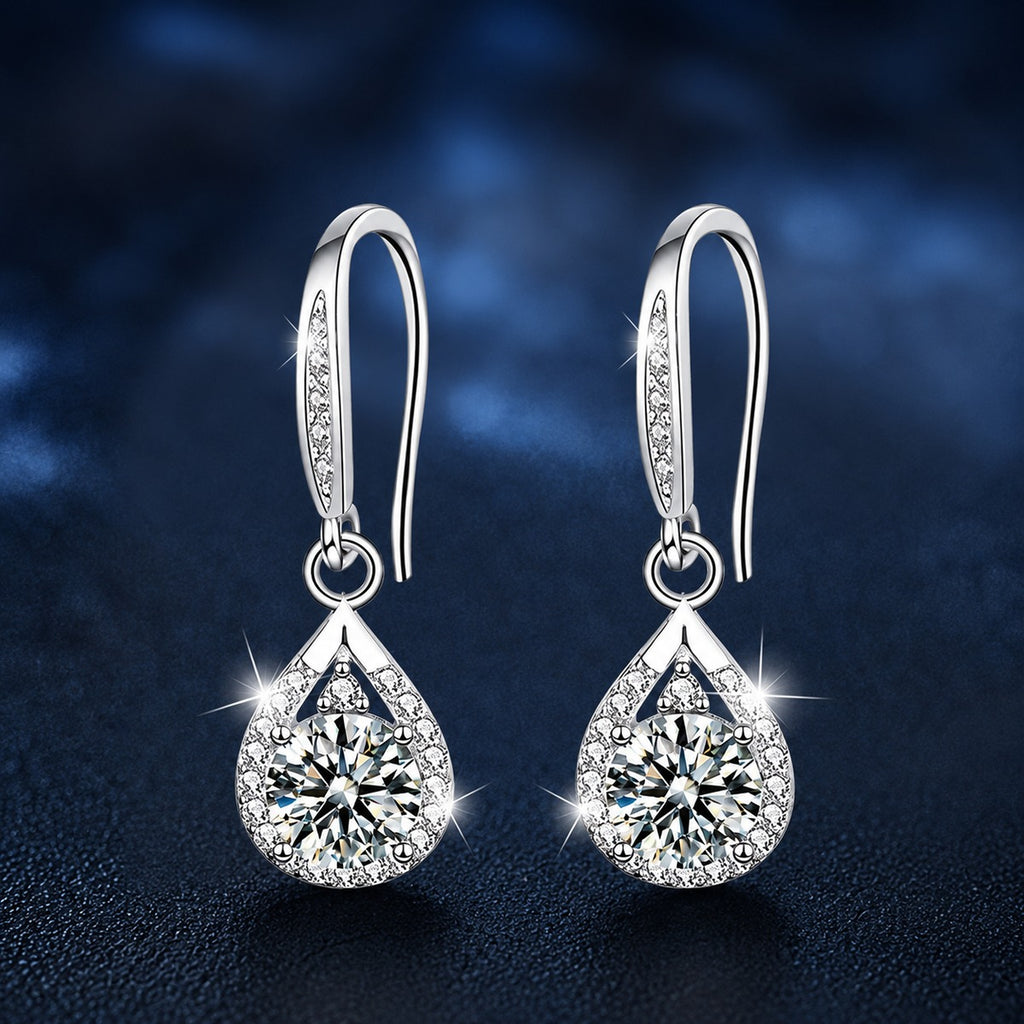 Pear Halo Round Moissanite Hook Dangle Earrings with CZ in White Gold-Plated S925 sterling silver product scene view showing front sparkle