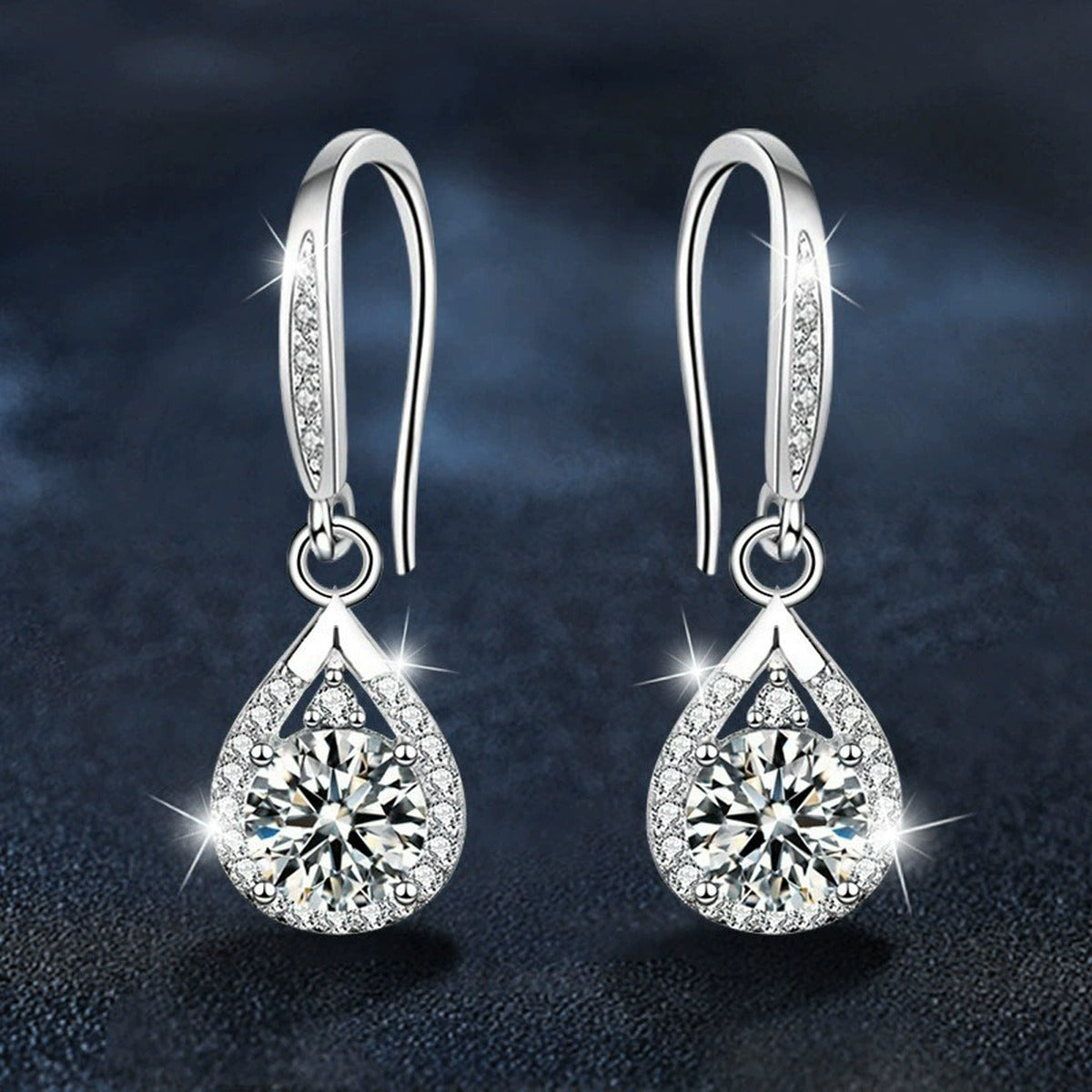 Pear Halo Round Moissanite Hook Dangle Earrings with CZ in White Gold-Plated S925 sterling silver product scene view showing angled setting detail