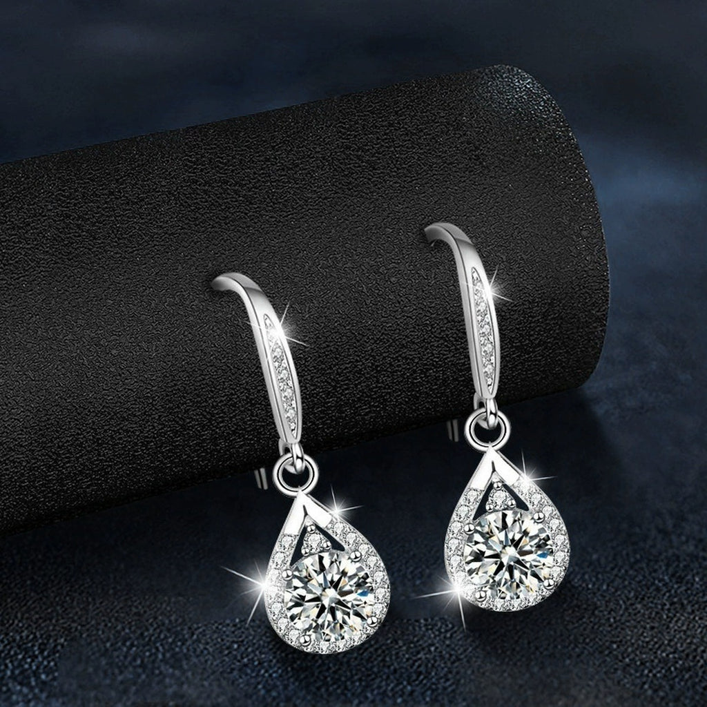 Pear Halo Round Moissanite Hook Dangle Earrings with CZ in White Gold-Plated S925 sterling silver product scene view showing side profile