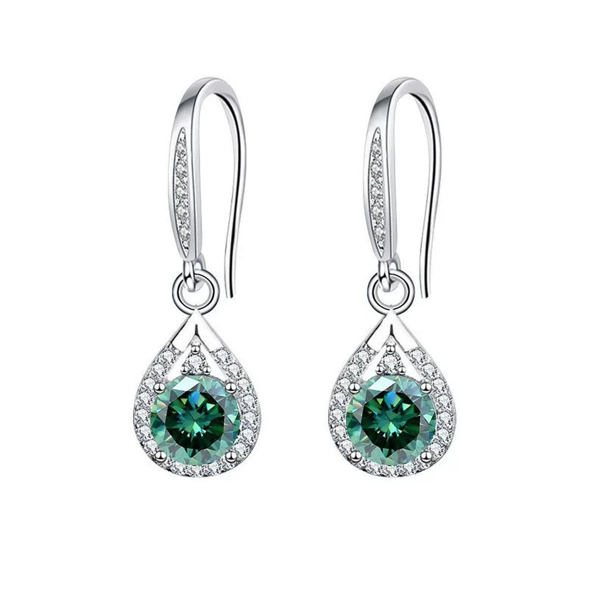 Green round moissanite teardrop hook dangle earrings with CZ in white gold-plated S925 sterling silver on a white background