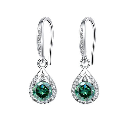 Green round moissanite teardrop hook dangle earrings with CZ in white gold-plated S925 sterling silver on a white background