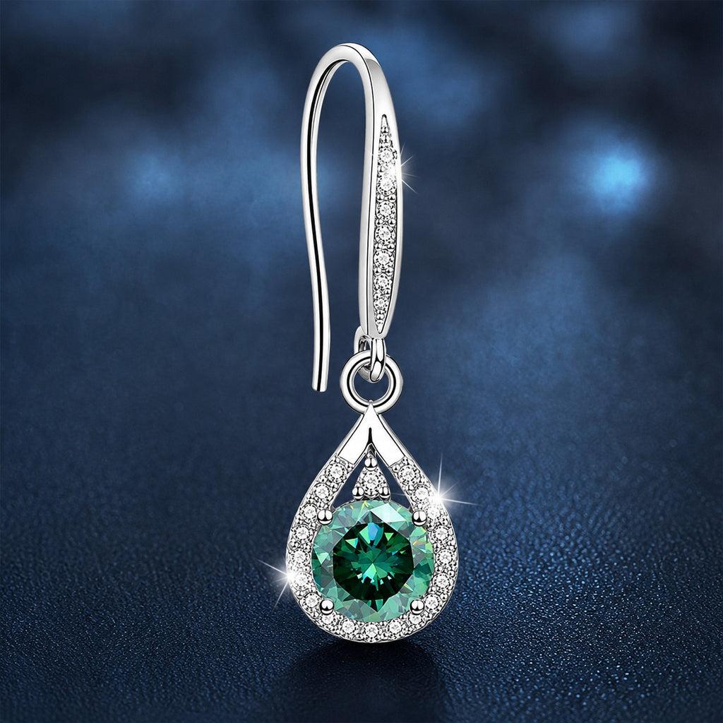 Green moissanite teardrop hook dangle earrings front view showing the CZ frame and elongated silhouette