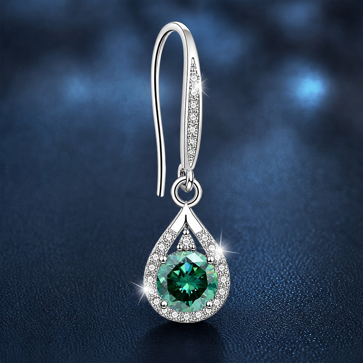 Green moissanite teardrop hook dangle earrings front view showing the CZ frame and elongated silhouette