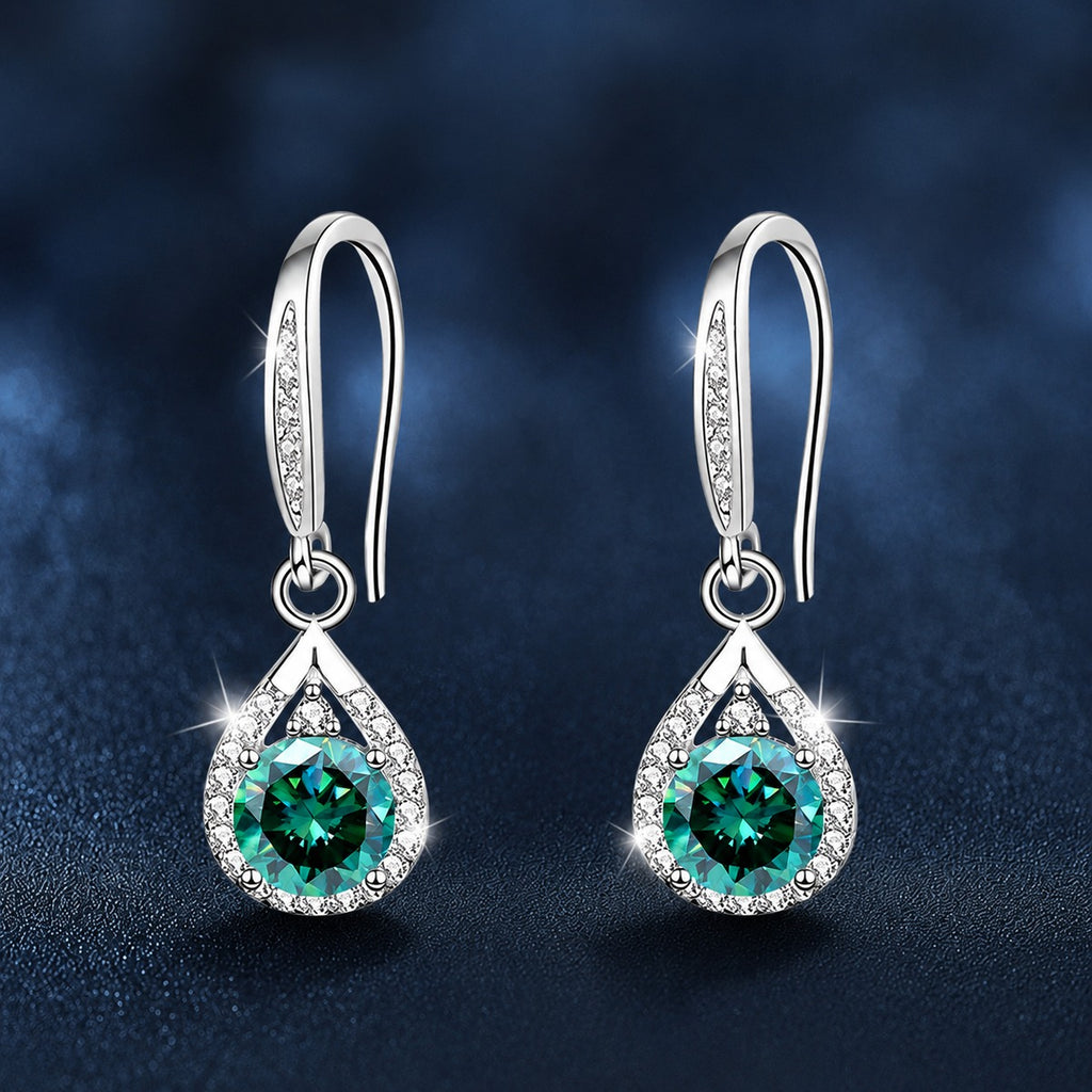 Green round moissanite hook dangle earrings close-up showing the teardrop CZ setting and polished S925 silver hook