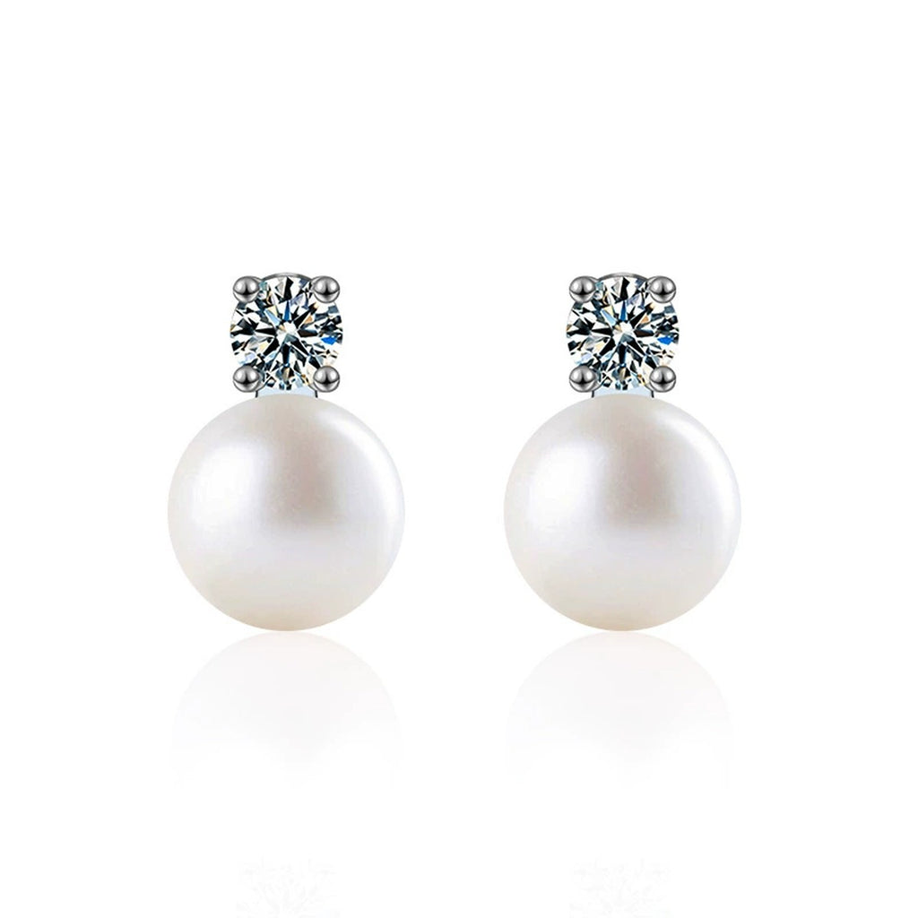 Round Moissanite and Pearl Stud Drop Earrings in White Gold-Plated S925 sterling silver product scene view showing front sparkle