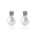 Round Moissanite and Pearl Stud Drop Earrings in White Gold-Plated S925 sterling silver product scene view showing front sparkle