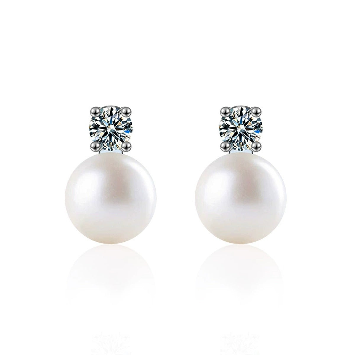 Round Moissanite and Pearl Stud Drop Earrings in White Gold-Plated S925 sterling silver product scene view showing front sparkle