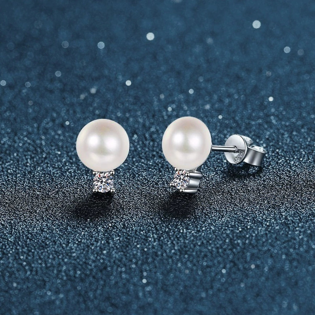 Round Moissanite and Pearl Stud Drop Earrings in White Gold-Plated S925 sterling silver product scene view showing angled setting detail
