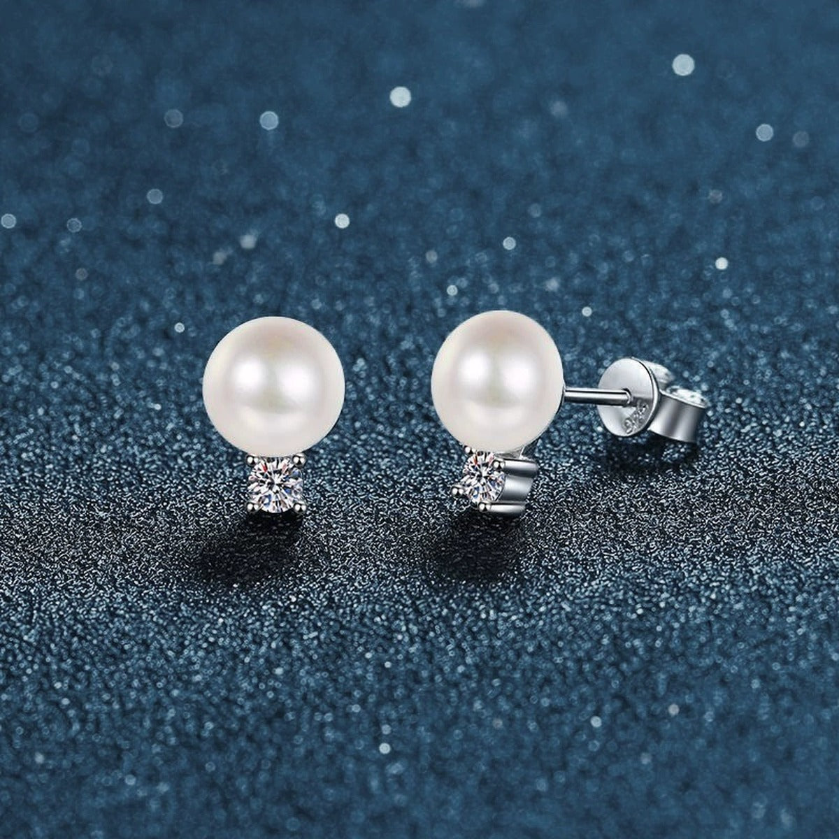 Round Moissanite and Pearl Stud Drop Earrings in White Gold-Plated S925 sterling silver product scene view showing angled setting detail