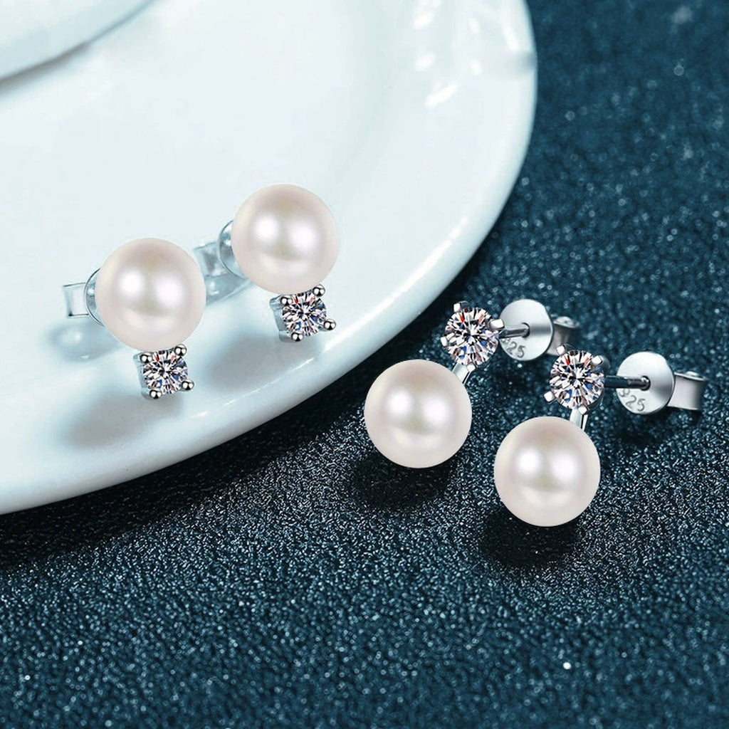 Round Moissanite and Pearl Stud Drop Earrings in White Gold-Plated S925 sterling silver product scene view showing side profile