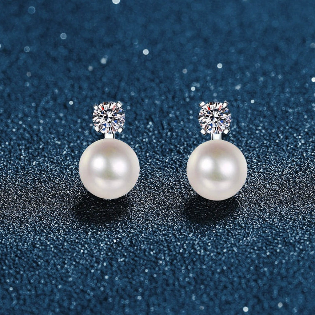 Round Moissanite and Pearl Stud Drop Earrings in White Gold-Plated S925 sterling silver product scene view showing pair comparison