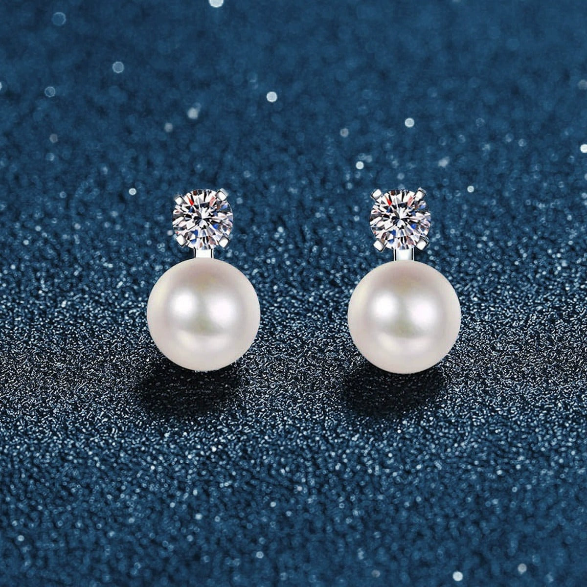 Round Moissanite and Pearl Stud Drop Earrings in White Gold-Plated S925 sterling silver product scene view showing pair comparison