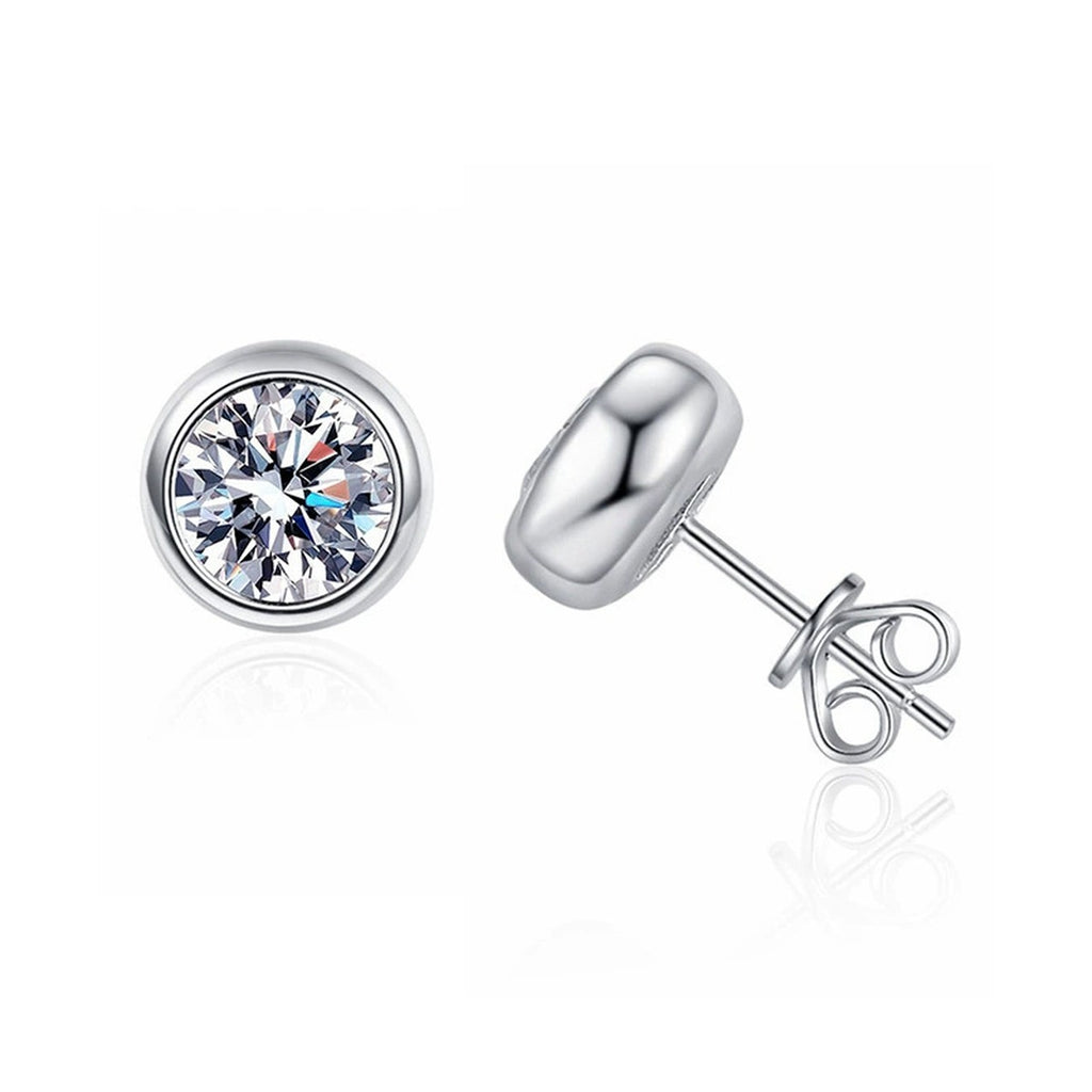 Bezel Round Moissanite Stud Earrings in White Gold-Plated S925 sterling silver white background product photo showing the pair, stone shape, and stud earrings silhouette
