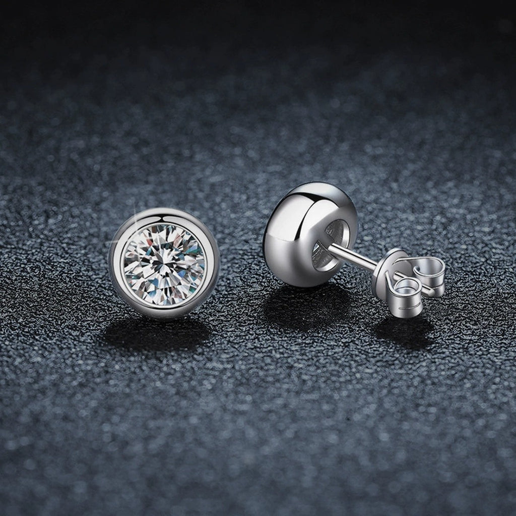 Bezel Round Moissanite Stud Earrings in White Gold-Plated S925 sterling silver product scene view showing angled setting detail