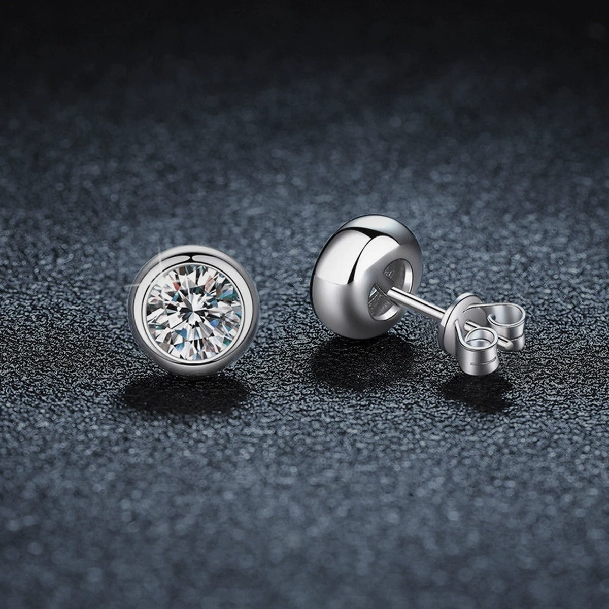 Bezel Round Moissanite Stud Earrings in White Gold-Plated S925 sterling silver product scene view showing angled setting detail