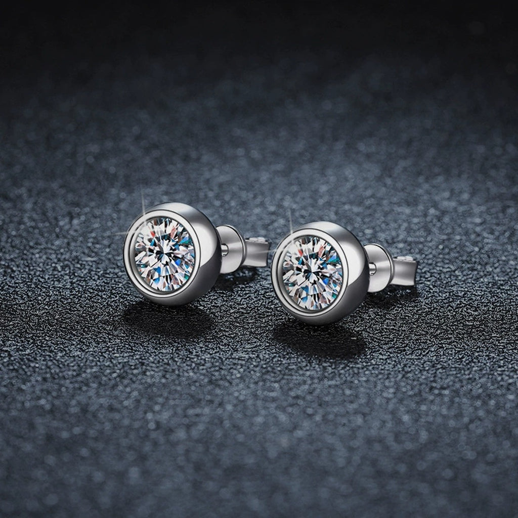 Bezel Round Moissanite Stud Earrings in White Gold-Plated S925 sterling silver product scene view showing side profile