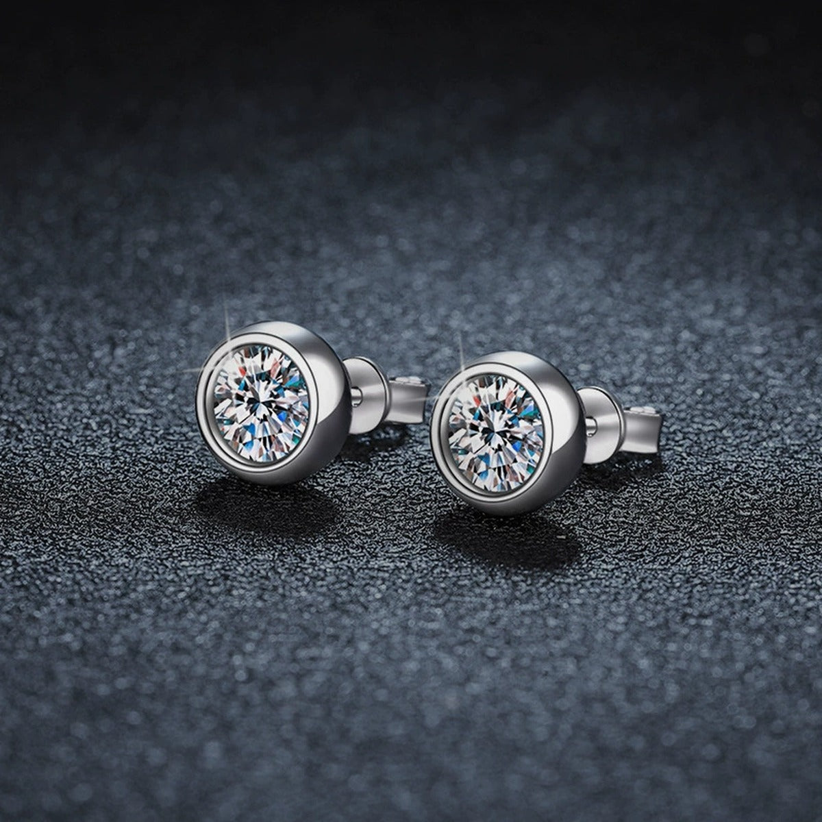 Bezel Round Moissanite Stud Earrings in White Gold-Plated S925 sterling silver product scene view showing side profile