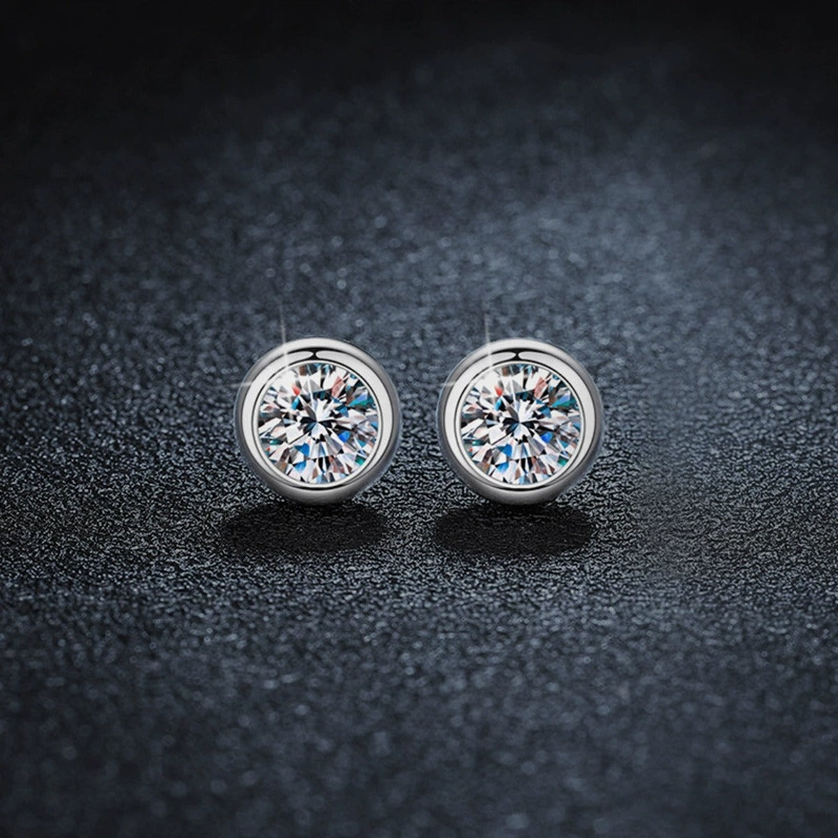 Bezel Round Moissanite Stud Earrings in White Gold-Plated S925 sterling silver product scene view showing pair comparison