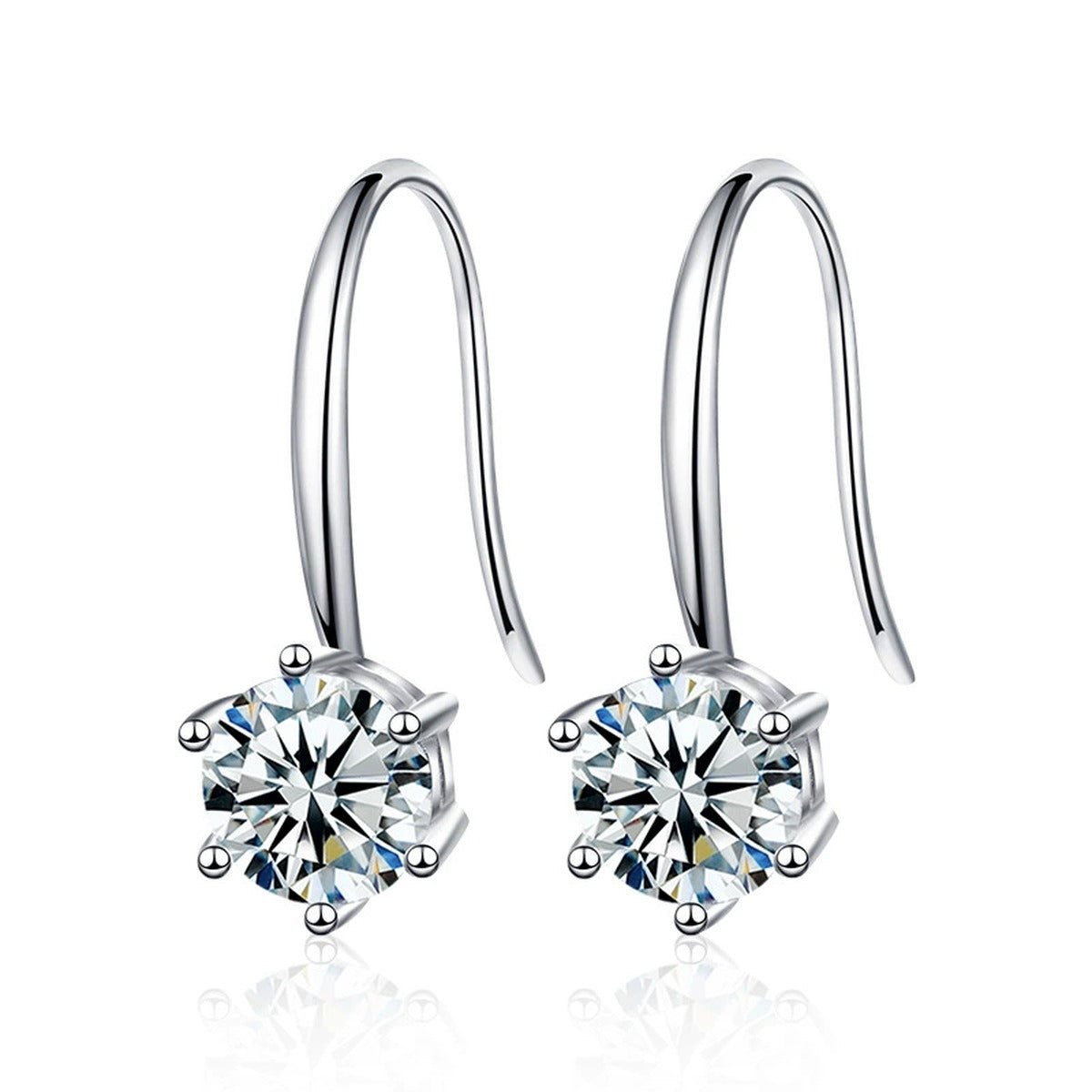 Round Moissanite Solitaire Hook Drop Earrings in White Gold-Plated S925 sterling silver white background product photo showing the pair, stone shape, and hook drop earrings silhouette
