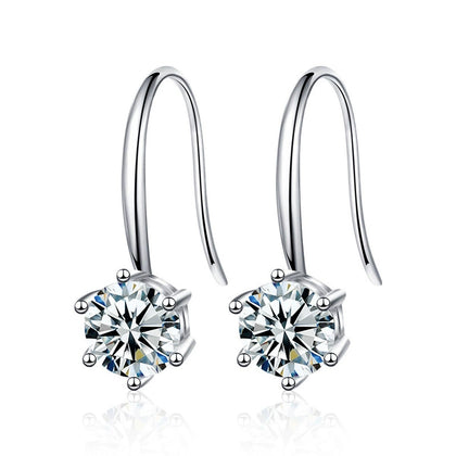 Round Moissanite Solitaire Hook Drop Earrings in White Gold-Plated S925 sterling silver white background product photo showing the pair, stone shape, and hook drop earrings silhouette