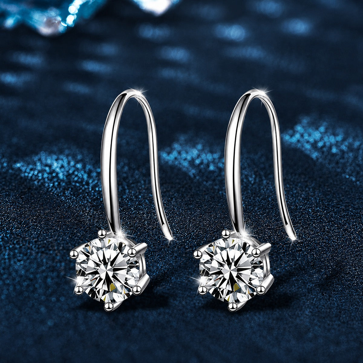 Round Moissanite Solitaire Hook Drop Earrings in White Gold-Plated S925 sterling silver product scene view showing front sparkle