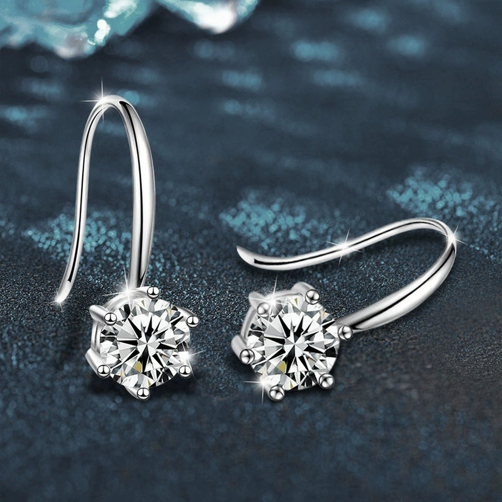 Round Moissanite Solitaire Hook Drop Earrings in White Gold-Plated S925 sterling silver product scene view showing angled setting detail