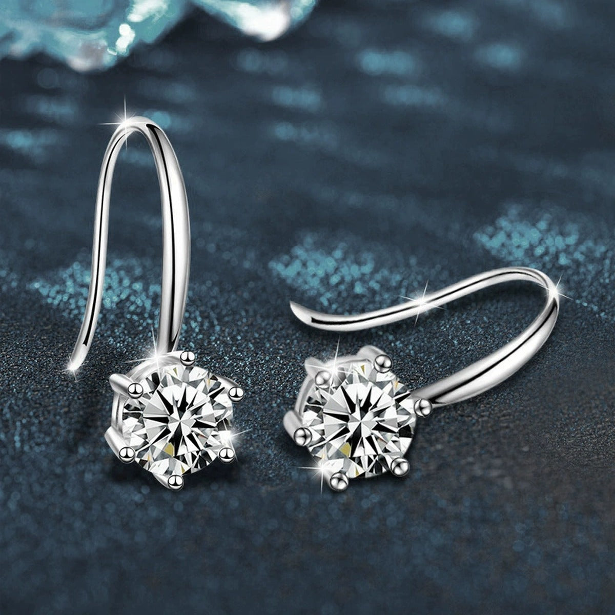 Round Moissanite Solitaire Hook Drop Earrings in White Gold-Plated S925 sterling silver product scene view showing angled setting detail