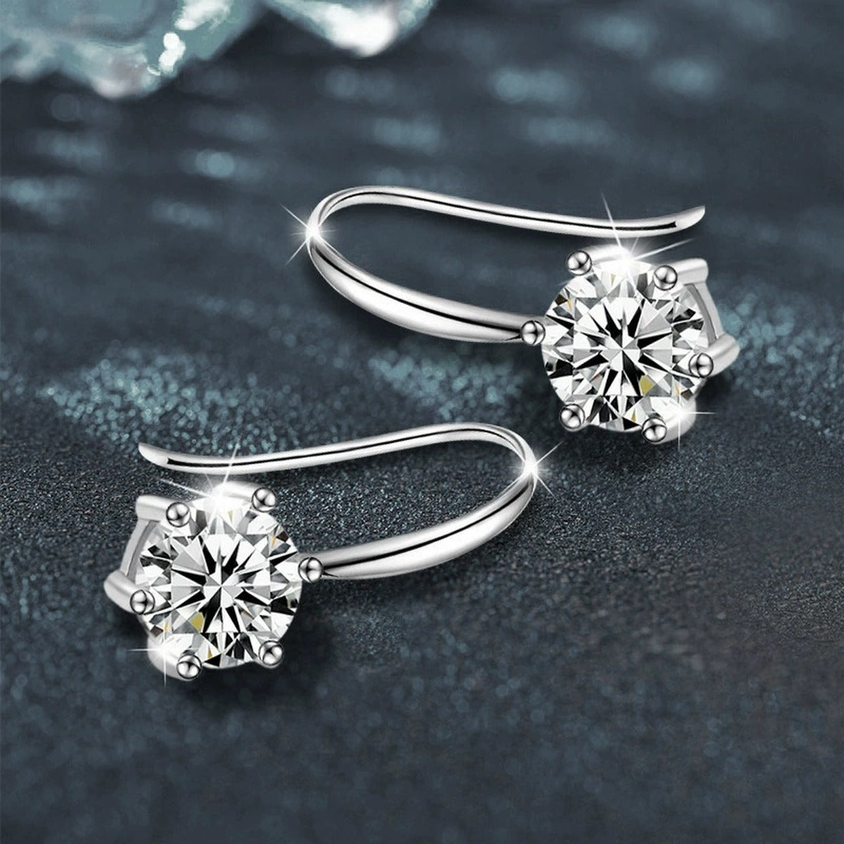 Round Moissanite Solitaire Hook Drop Earrings in White Gold-Plated S925 sterling silver product scene view showing side profile