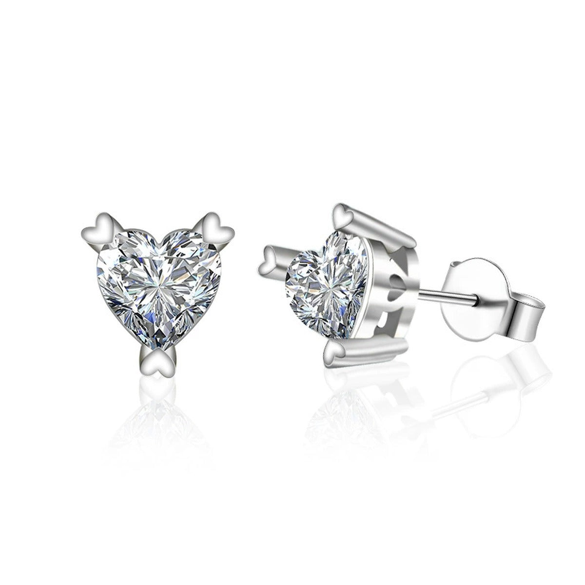 Heart Cut Moissanite Solitaire Stud Earrings in White Gold-Plated S925 sterling silver white background product photo showing the pair, stone shape, and stud earrings silhouette